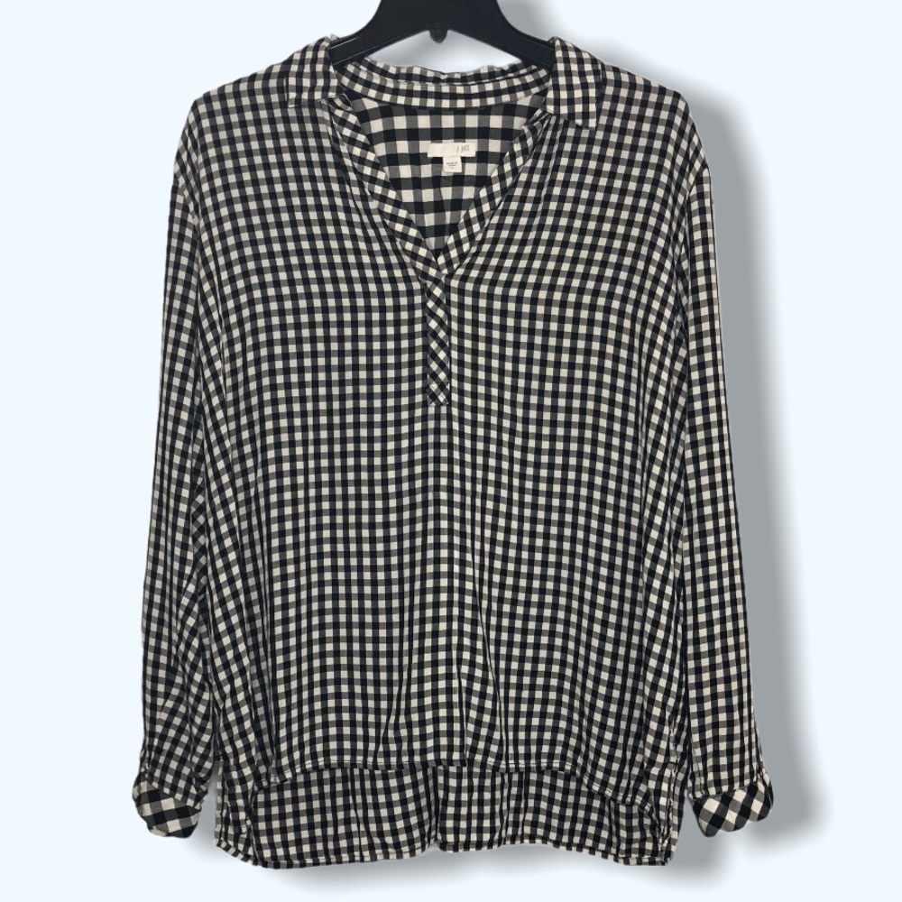 J. Jill Black and White Gingham V-Neck Blouse